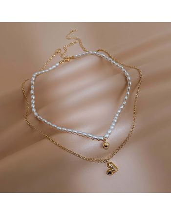 Puffed Heart Pearl Layer Beaded Necklace | HN2119